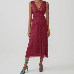 Polka Dot Tulle Pleated Dress in Maroon